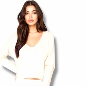 Paris & Me Cozy Cream Fuzzy V-Neck Sweater